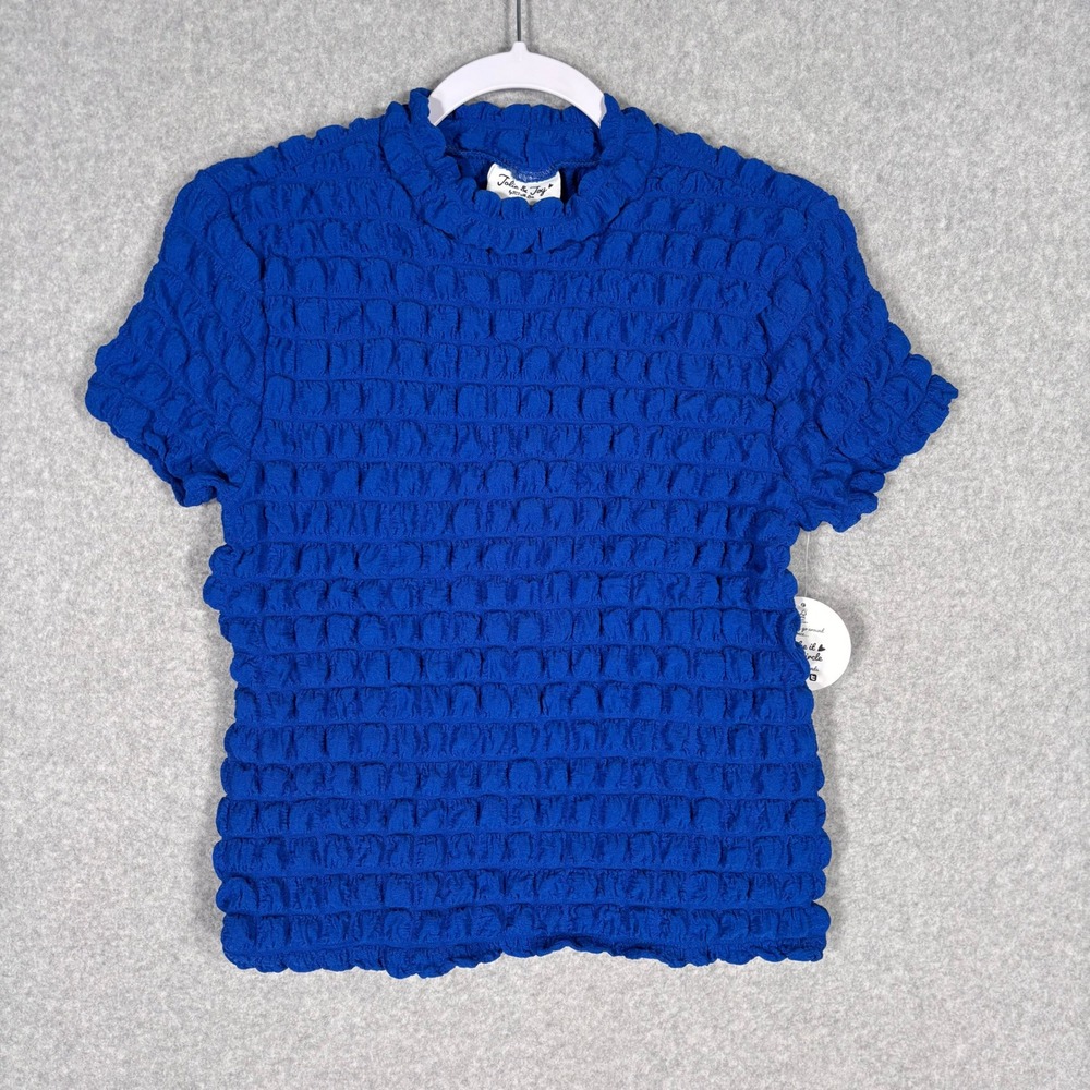 NEW Bubble‎ Smocked Popcorn Top Large Mock Neck Textured Scrunch Cobalt Paula